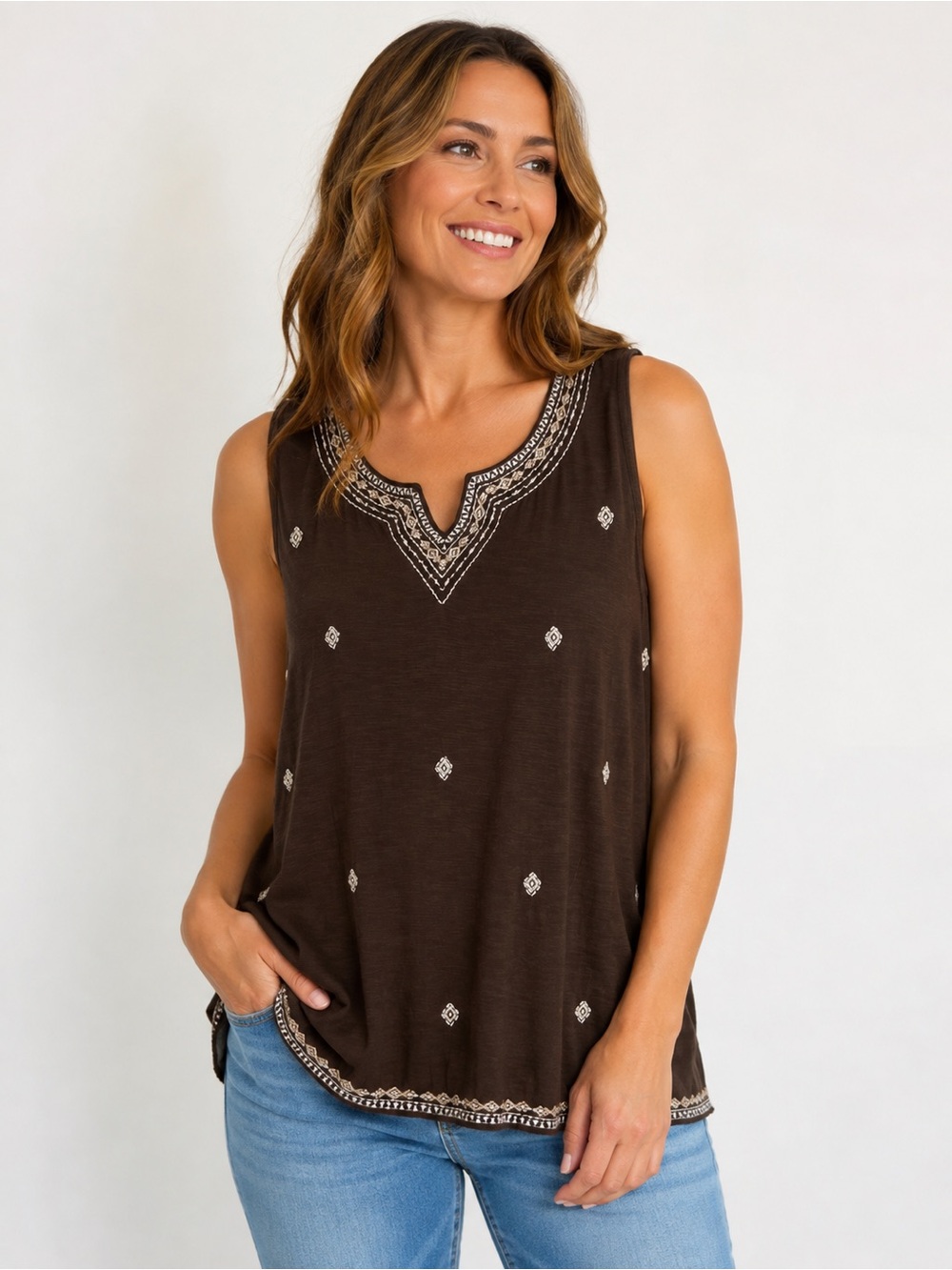 J. Jill Embroidered Tank Top Brown Slub Knit Cotton Modal Women L Petite Boho